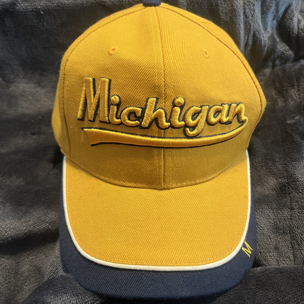 Vintage/Retro Michigan Wolverines Yellow & Blue Script Baseball Cap - Adjustable